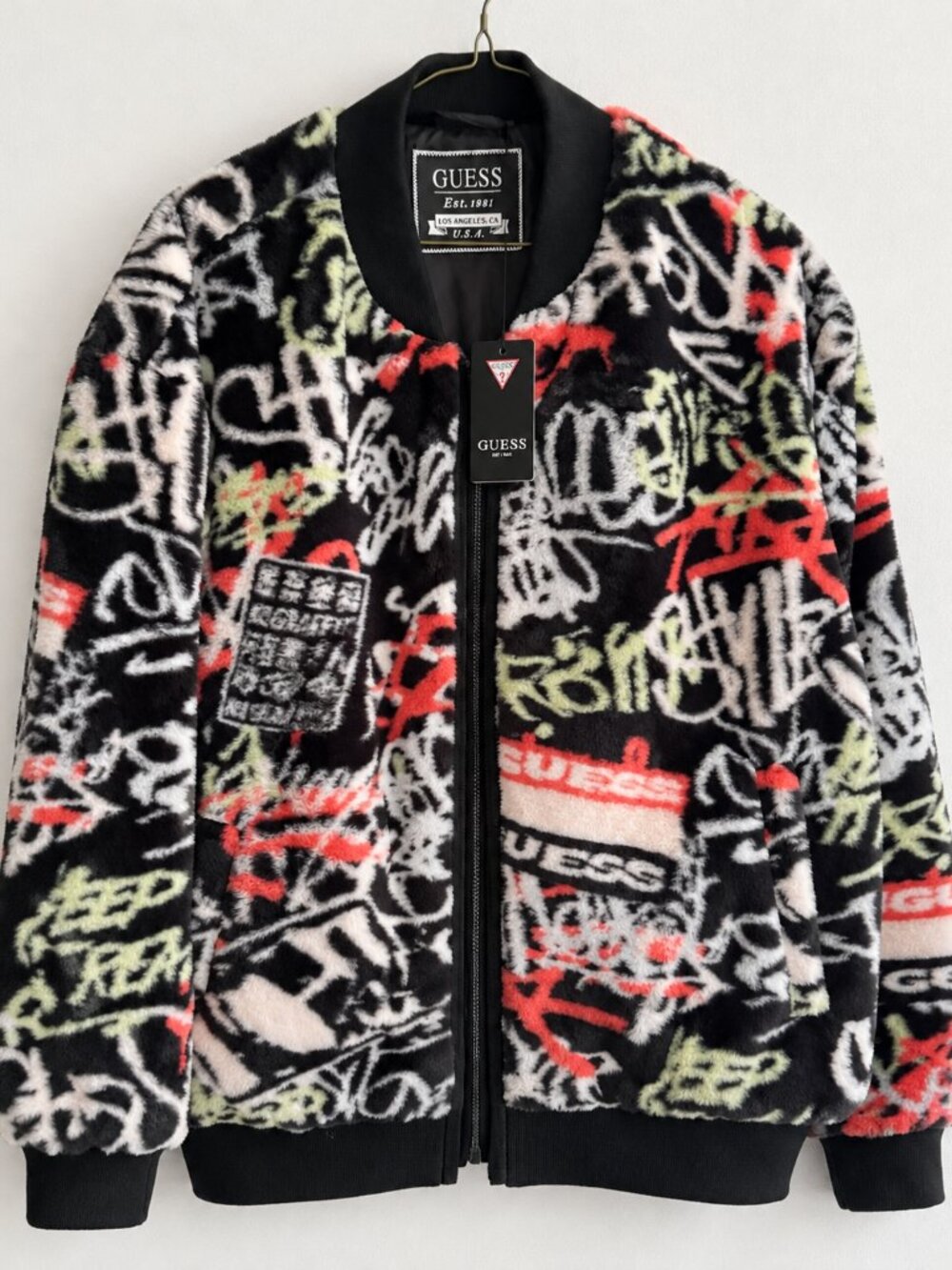 GUESS Men’s Faux-Fur Graffiti Flight Jacket XL NWT